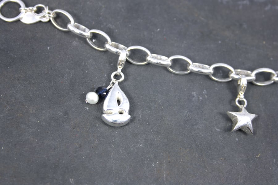 Cast Silver Sailboat Charm with Pearl and Swarovski Beads