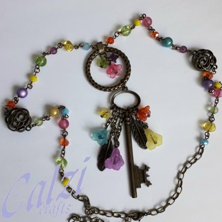 Boho Antique Bronze Multi Coloured Flower & Key Charm Pendant Necklace