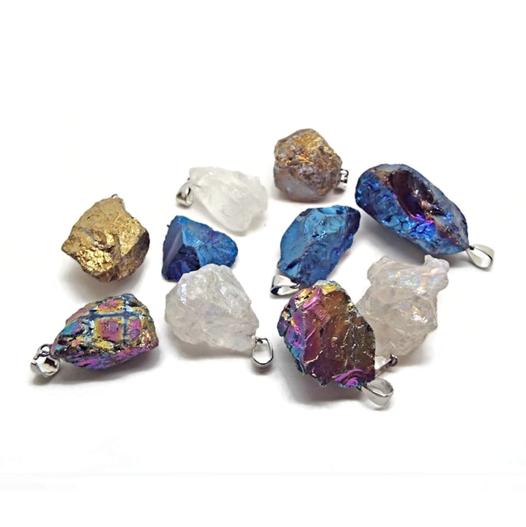 10 Electroplated Quartz Pendants in Mixed Colours with Iron Bail