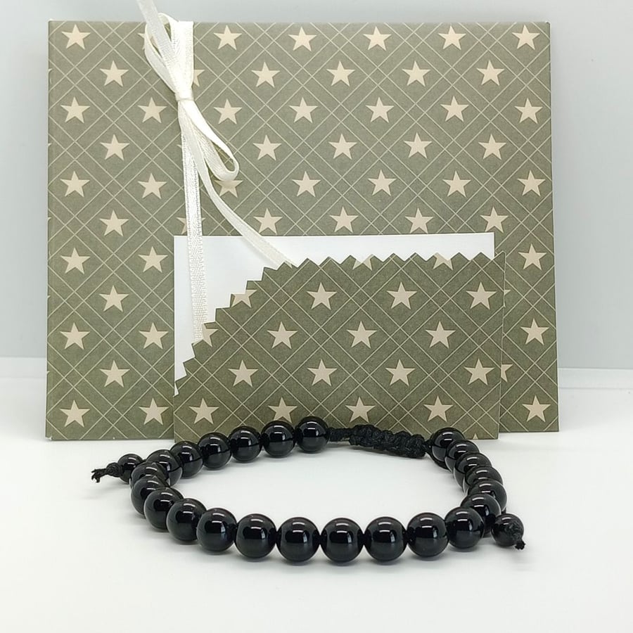 Black onyx gemstone bead bracelet on black cotton cord ready to post gift 