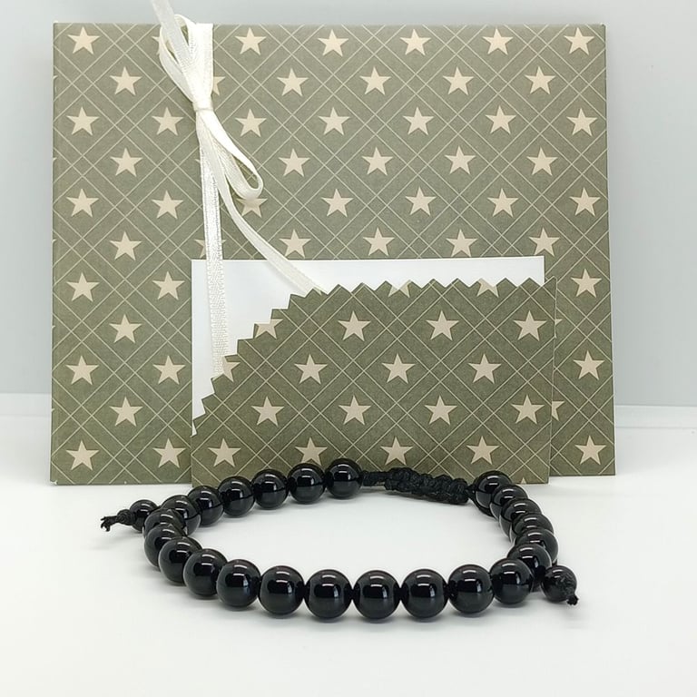 Black onyx gemstone bead bracelet on black cotton cord ready to post gift 