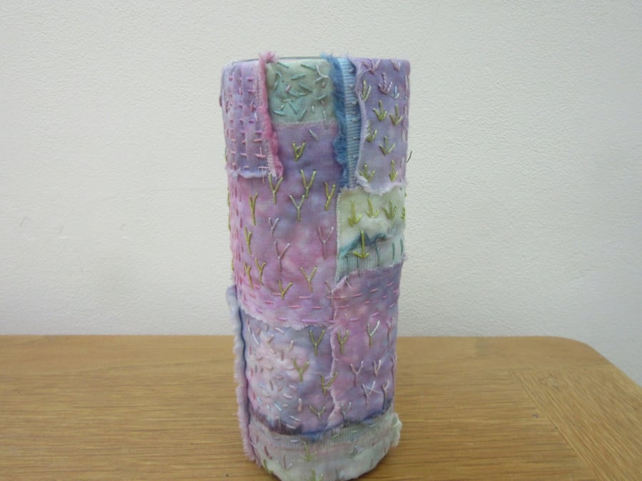 Fabric vase cover, hand stitched, pink, mauve, hydrangea colours