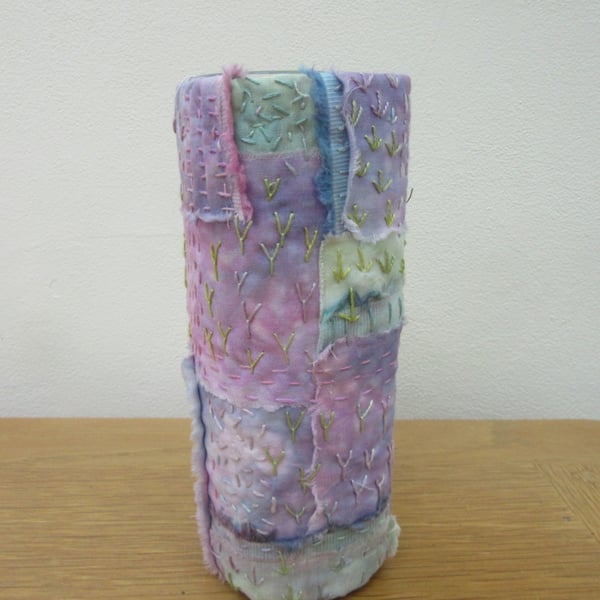 Fabric vase cover, hand stitched, pink, mauve, hydrangea colours