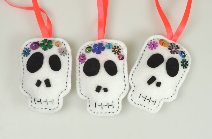 Halloween Skull, Day of the Dead, Fun Felt Decorations set of 3