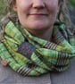 Unisex cowl woven in greens and purple hand dyed yarn with mushroom embroidery - Image 6
