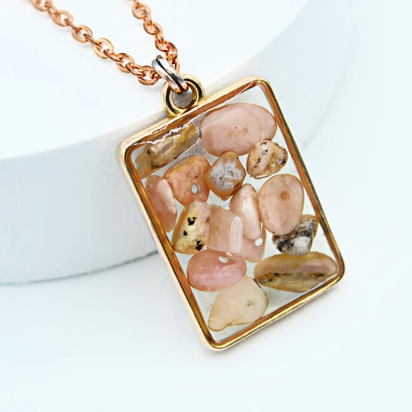 Pink Peruvian Opal Rose Gold plated Worry Stone Necklace - Free Postage
