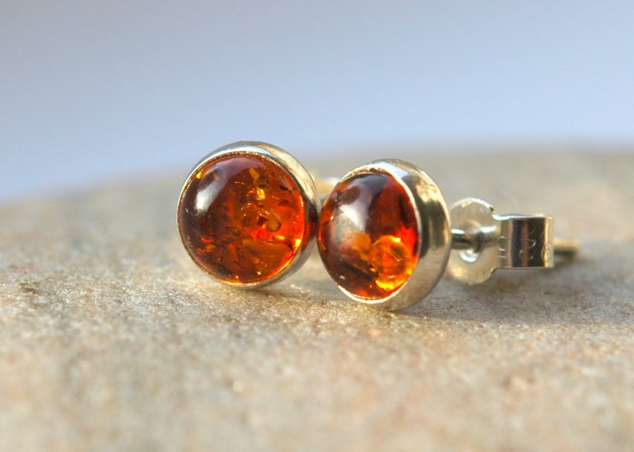Amber and Sterling Silver Stud Earrings 