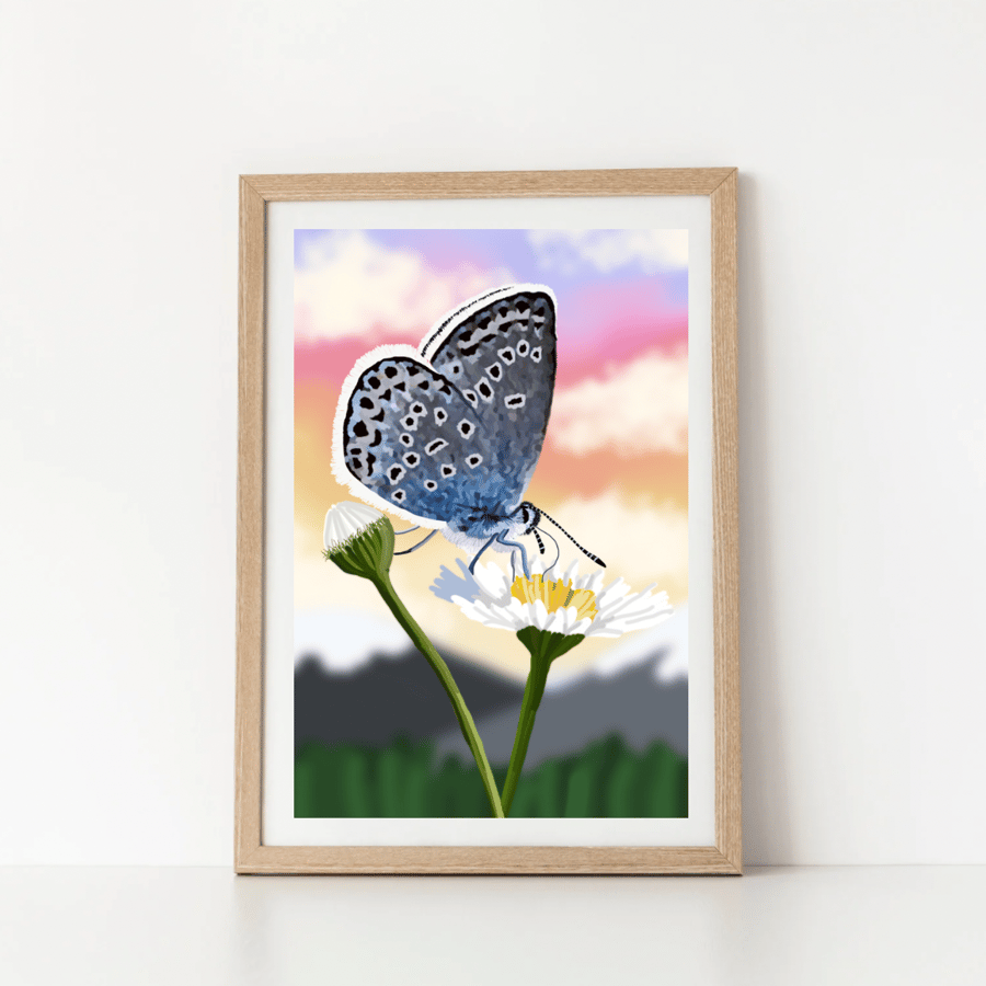 Blue Butterfly & Daisy Wall Art Print – Sunset Mountain Scene