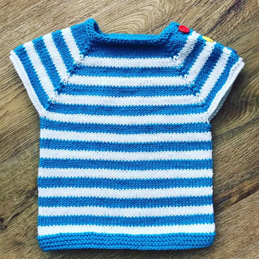 Hand Knitted Baby Top - White and blue stripes - 3-6 months