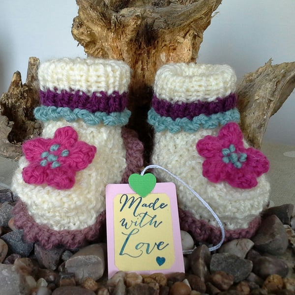 Pure Merino  Wool  'Jeager ' Yarns Girl's Booties  3-9 months size