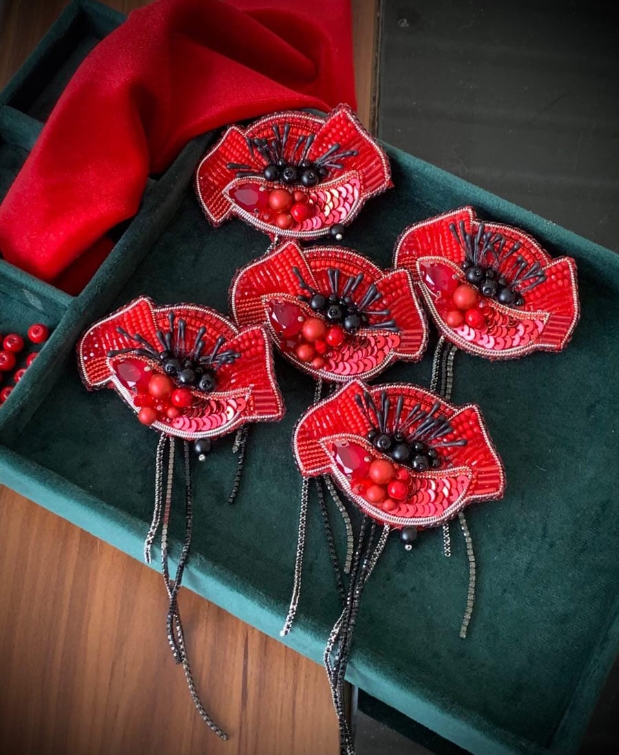 Handmade Red Poppy Flower Brooch with Beads and Sequins, Memorial Gift, Remembra