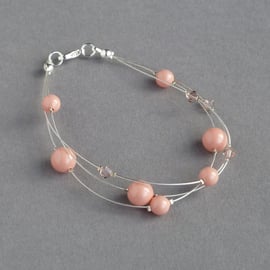 Coral Pink Floating Pearl Bracelet - Peach Wedding Jewellery - Bridesmaid Gifts