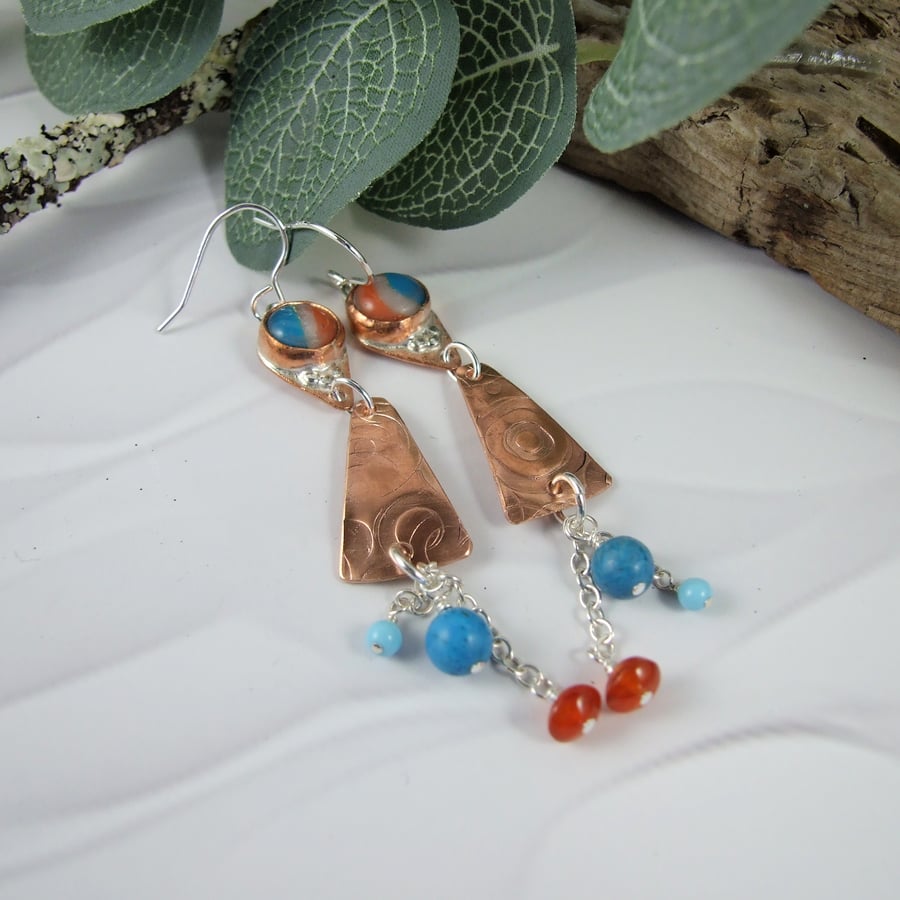 Earrings, Copper, Sterling Silver & Gemstone Droppers with Polymer Clay Element