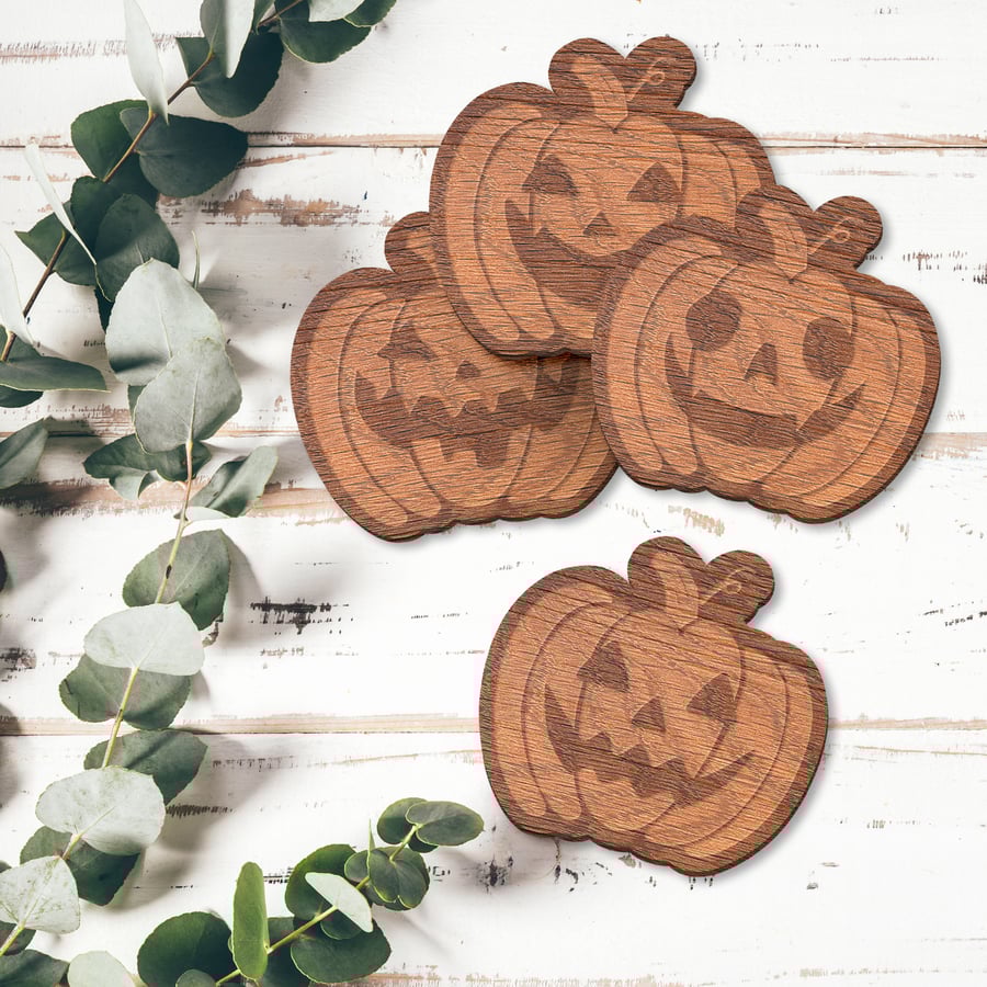 Pumpkin Faces Coaster Set: Autumnal Coaster Set, Halloween Wooden Fall Decor