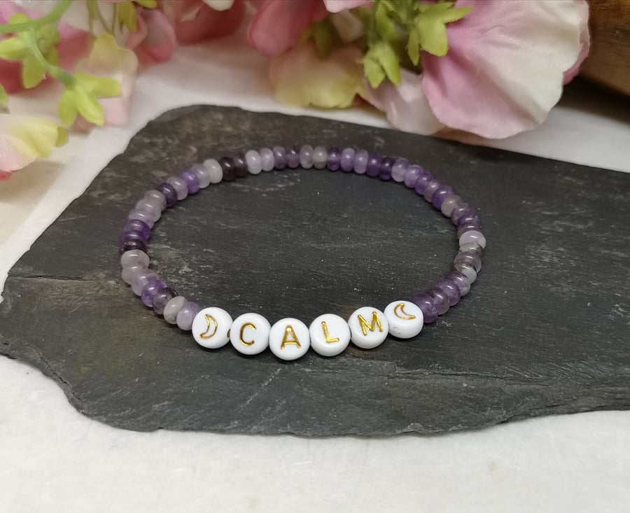 Amethyst "calm" stretch gemstone bracelet, manifest, intention 
