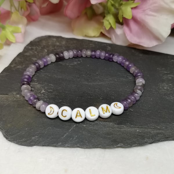 Amethyst "calm" stretch gemstone bracelet, manifest, intention 