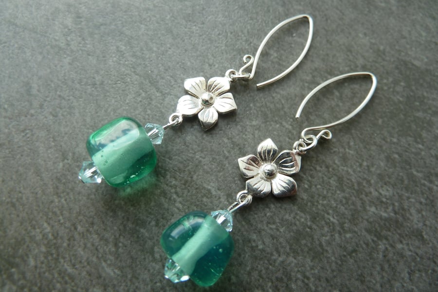 sterling silver green lampwork glass earrings