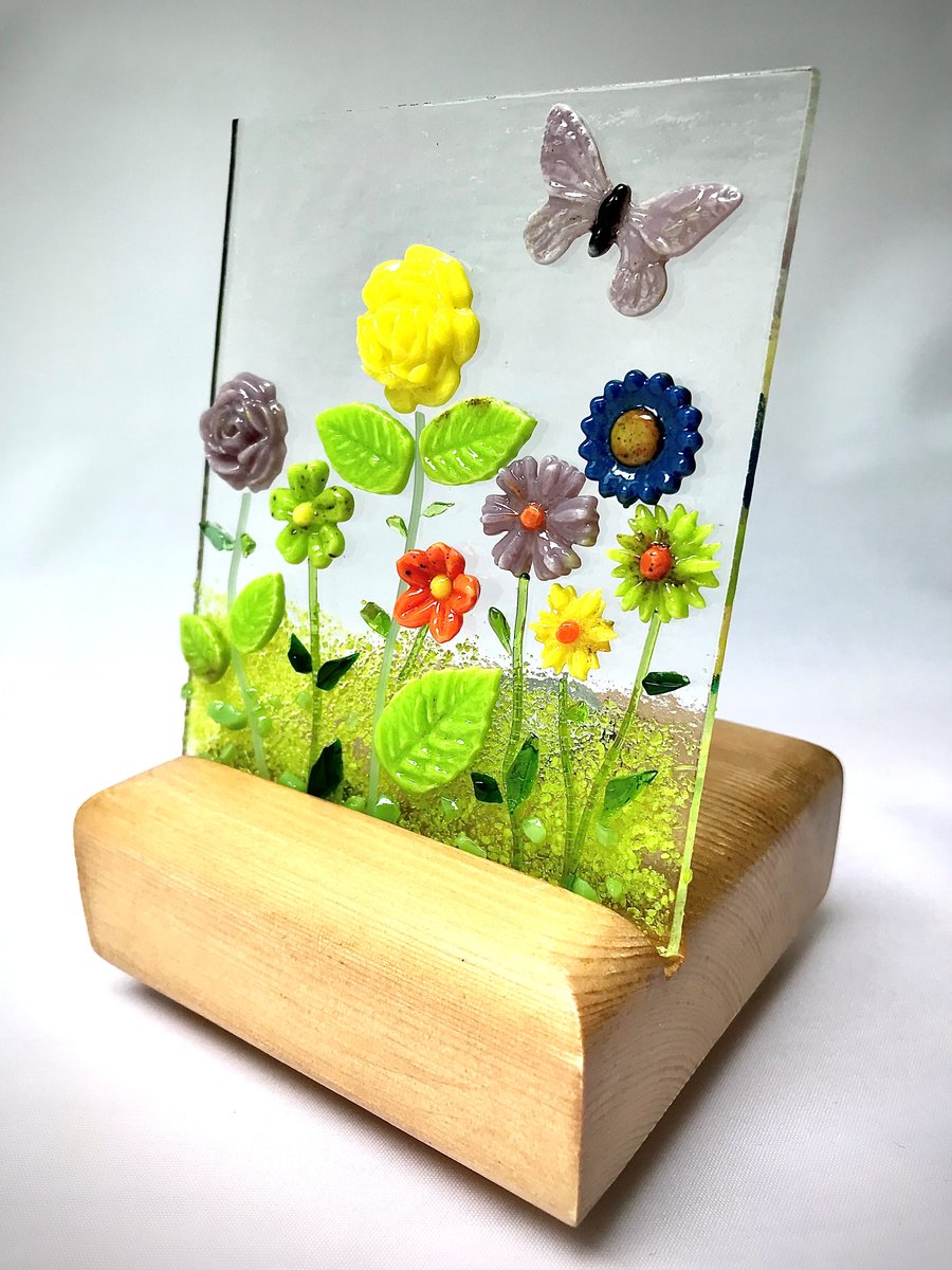 Summer Meadow Glass Candle Screen and Wooden Tealight Candle Stand