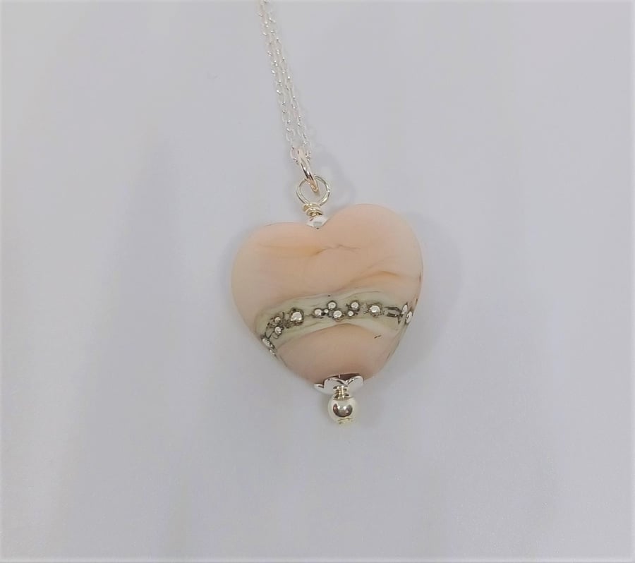 Cream or Ivory Lampwork Glass Heart Focal Bead Necklace on sterling silver chain