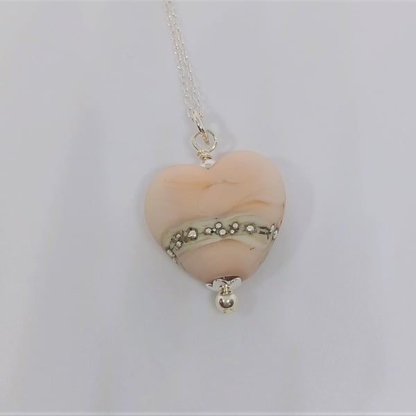 Cream or Ivory Lampwork Glass Heart Focal Bead Necklace on sterling silver chain