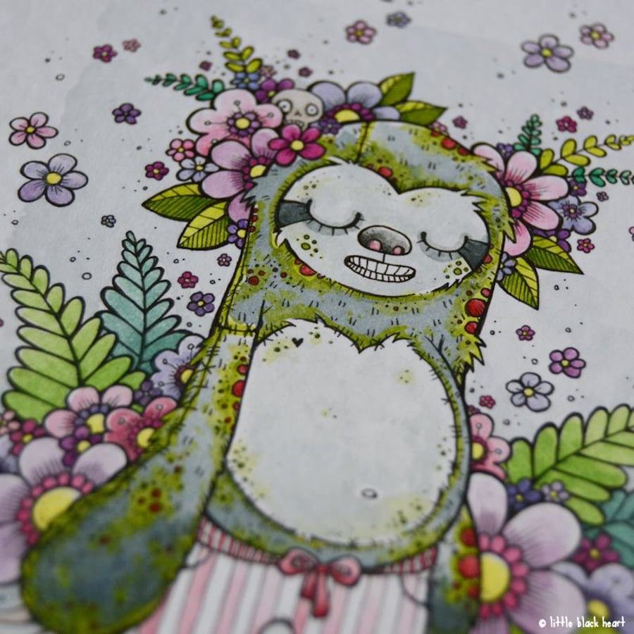 floral zombie sloth - original A4 illustration
