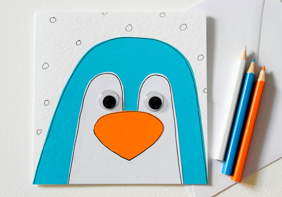 Handmade Penguin Greeting Card - Cute Penguin Card - Blank Christmas Card 