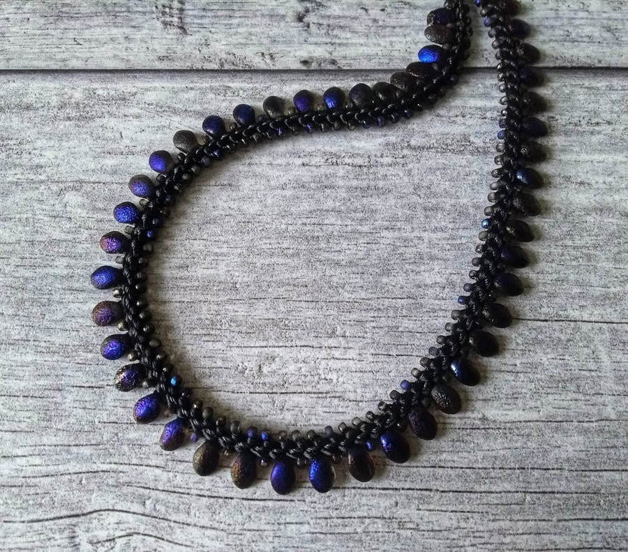 Black & Blue Kumihimo Necklace - "Petalicious"