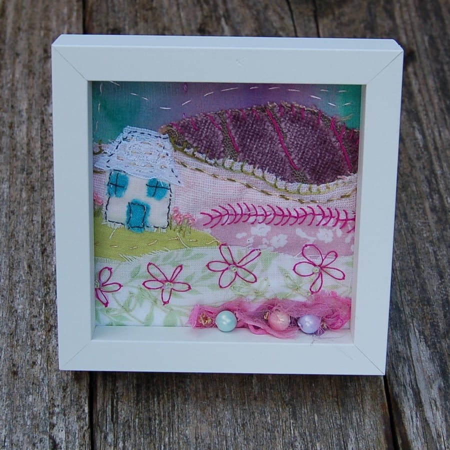 Textile landscape.  Upcycled fabric hand stitched picture 