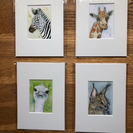 5 (buy 4 get 1 FREE) Mounted prints of miniature watercolours - FREE UK POST