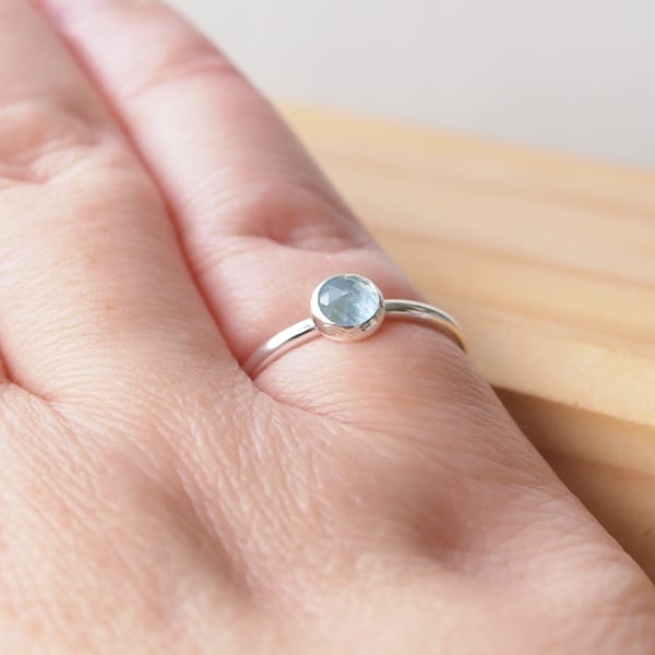 Aquamarine Stacking Ring in Silver, March Birthstone Ring