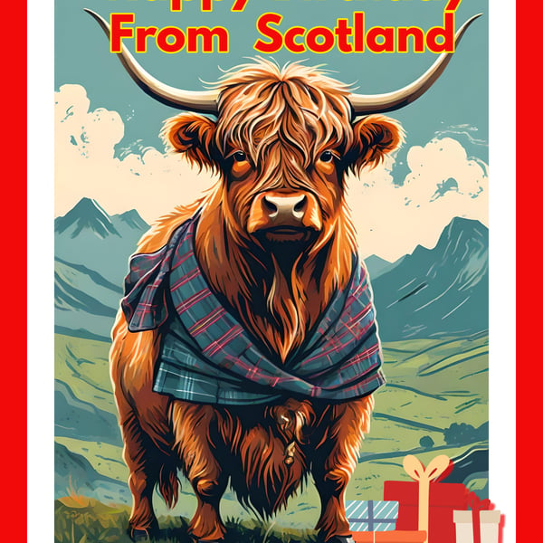 Happy Birthday Highland Cow From Scotland Card A5