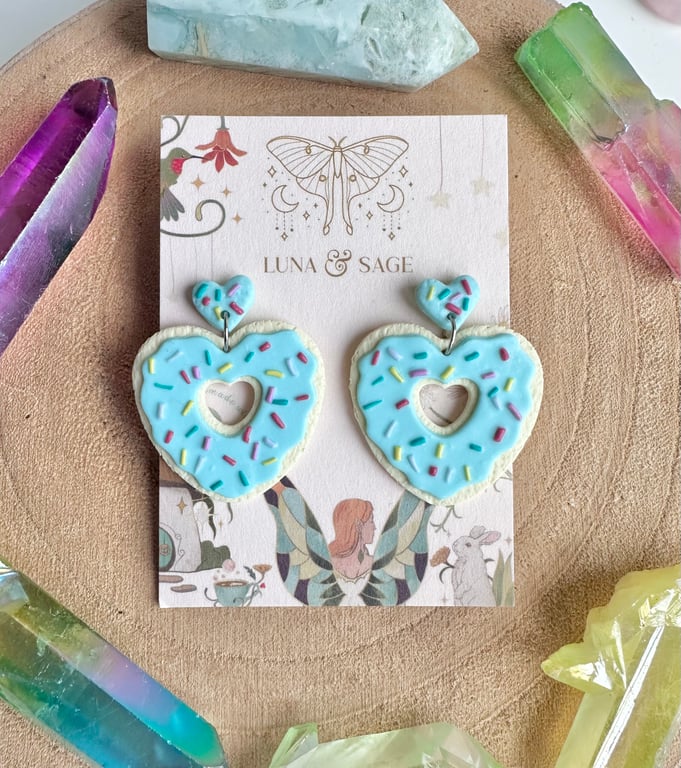 Handmade Heart Iced Biscuit doughnut with sprinkles Polymer Clay Earrings