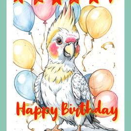 Happy Birthday Cute Cockatiel Card A5