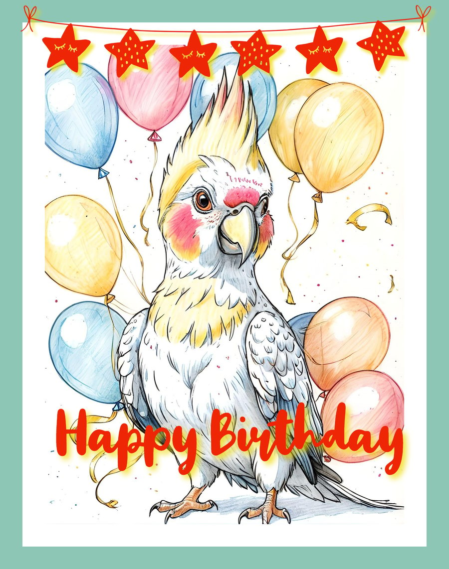 Happy Birthday Cute Cockatiel Card A5