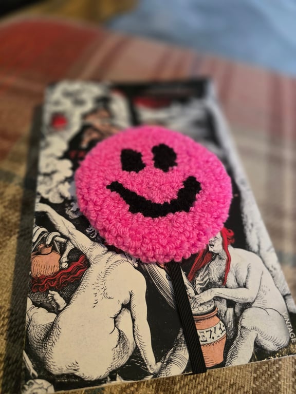 Neon Pink Smiley Face Punch Needle Book Mark 