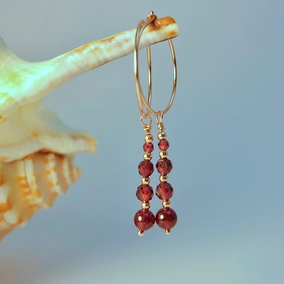 Garnet & Rose Vermeil Hoop Earrings, January Birthday, Anniversary, Gift For Her