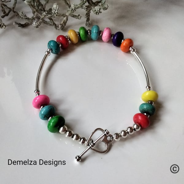 Dyed Howlite  Multicoloured Bangle Bracelet Silver Plated (MEDUIM)