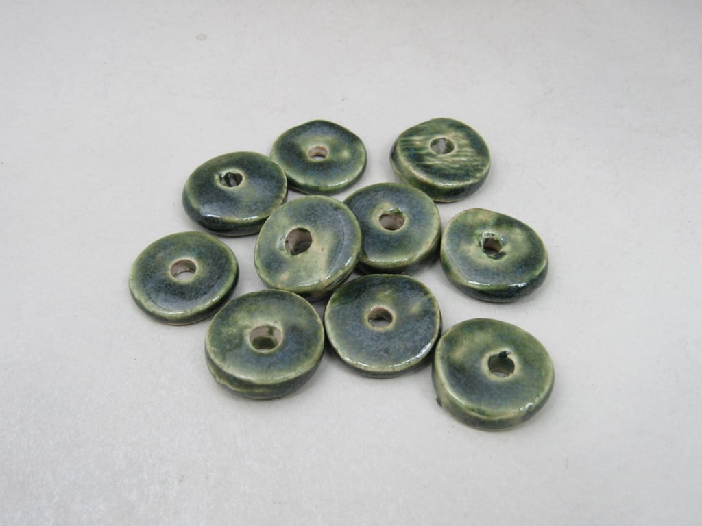 10 Medium Forest Green Glazed Ceramic Washer Beads