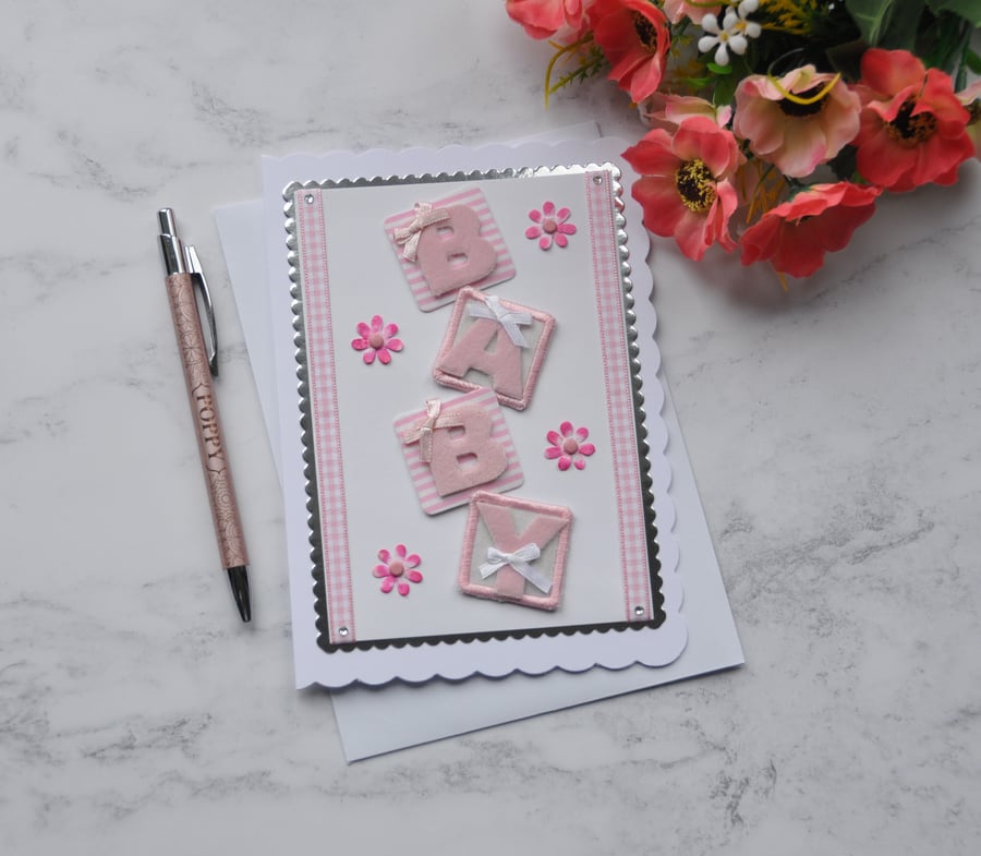 New Baby Girl Card Pink Mixed Media Card 3D Luxury Handmade