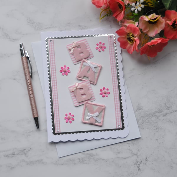 New Baby Girl Card Pink Mixed Media Card 3D Luxury Handmade
