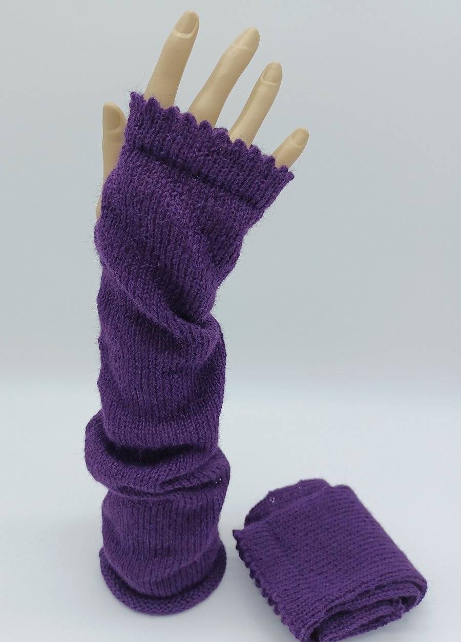 Alpaca wool hand warmers, handmade fingerless gloves, purple wrist warmers