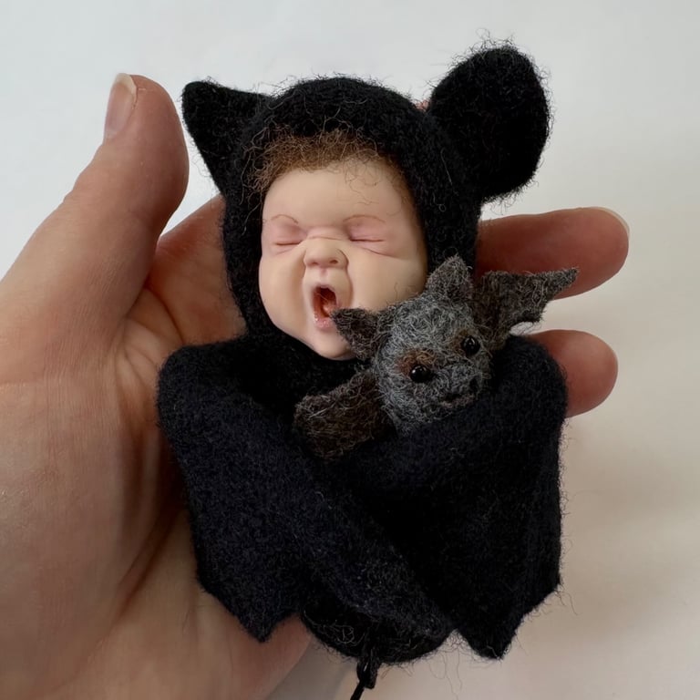 Polymer clay bat baby, needle felted bat, ooak sculpture