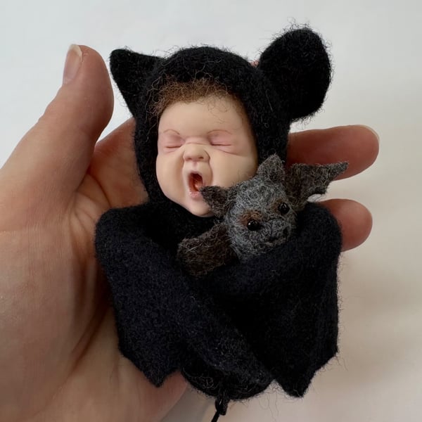 Polymer clay bat baby, needle felted bat, ooak sculpture