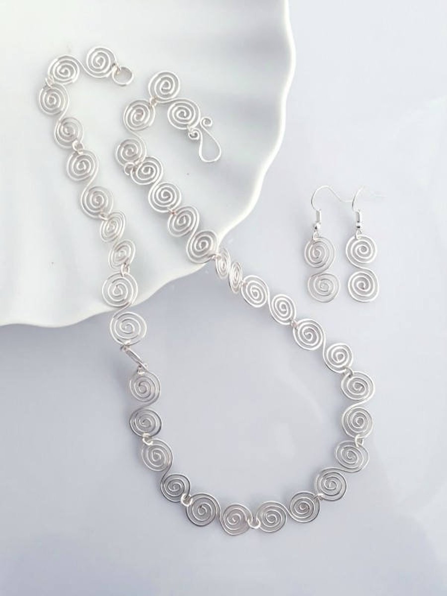 Celtic Silver Spiral Necklace & Earrings, jewellery set