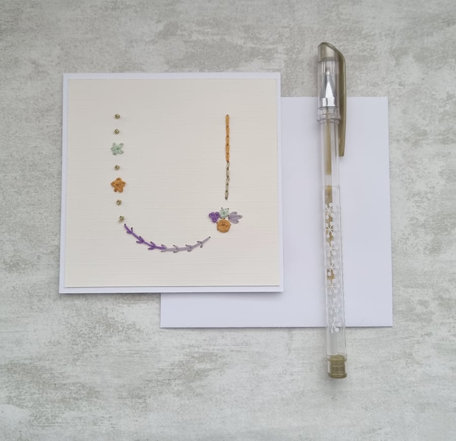 Letter U embroidered card, hand stitched initial card, hand sewn keepsake card