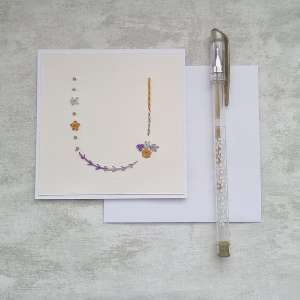 Letter U Embroidered Card, Personalised Bridesmaid Card, Birthday Keepsake Card