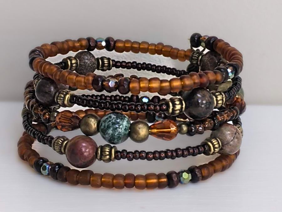 Memory Wire Bracelet in Brown Tones Featuring Indian Agate.  Stacked Coil Bangle