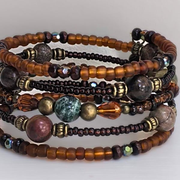 Memory Wire Bracelet in Brown Tones Featuring Indian Agate.  Stacked Coil Bangle