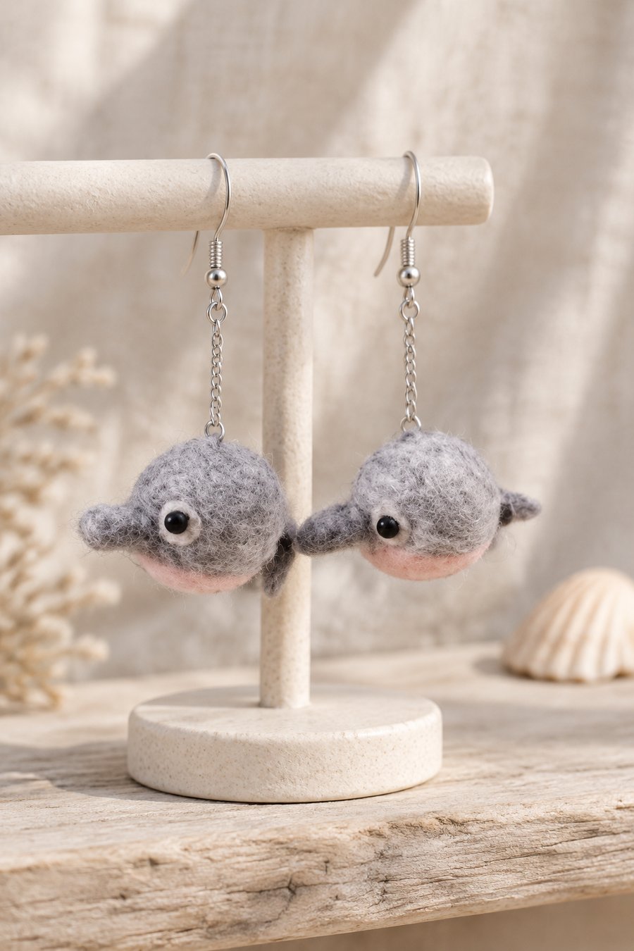 Dolphin Needle Felt Dangly Earrings – Handmade dolphin earrings OOAK 