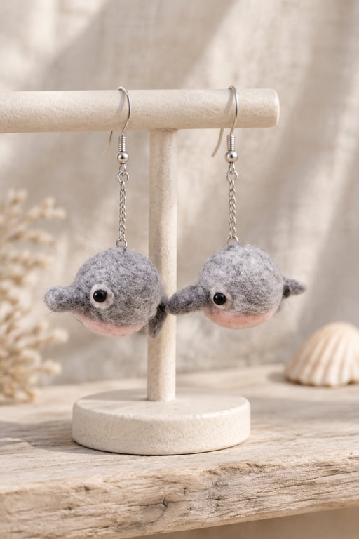 Dolphin Needle Felt Dangly Earrings – Handmade dolphin earrings OOAK 